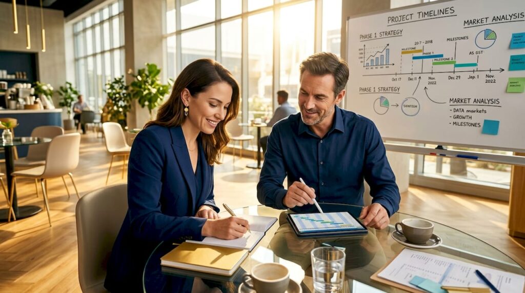 Team collaborating at conference table with notes