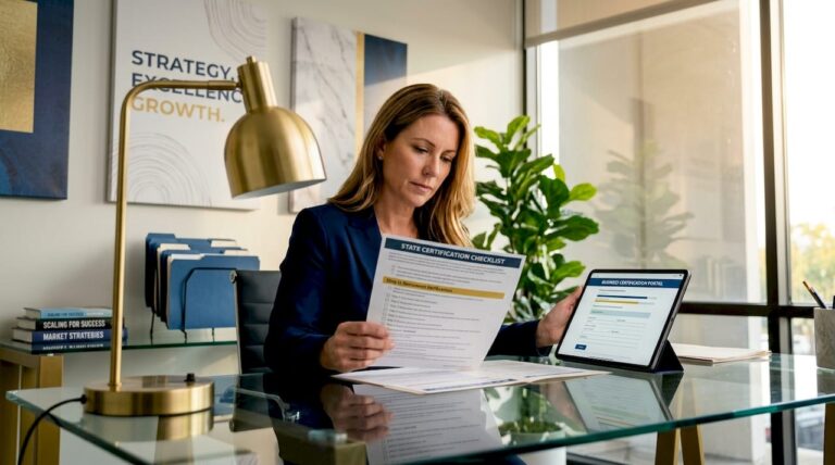 Business owner reviewing certification checklist