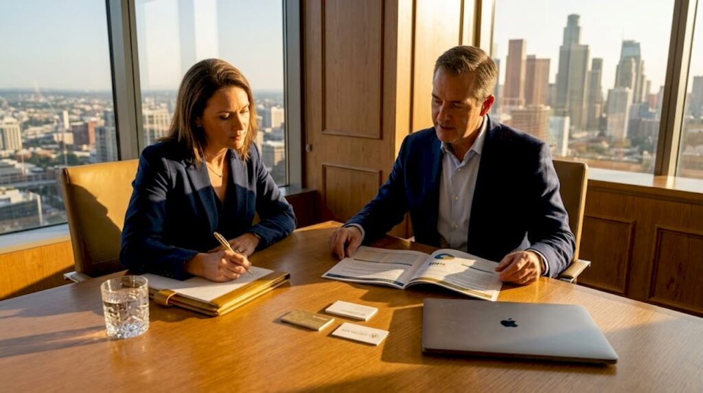 Business owner and advisor meeting in office