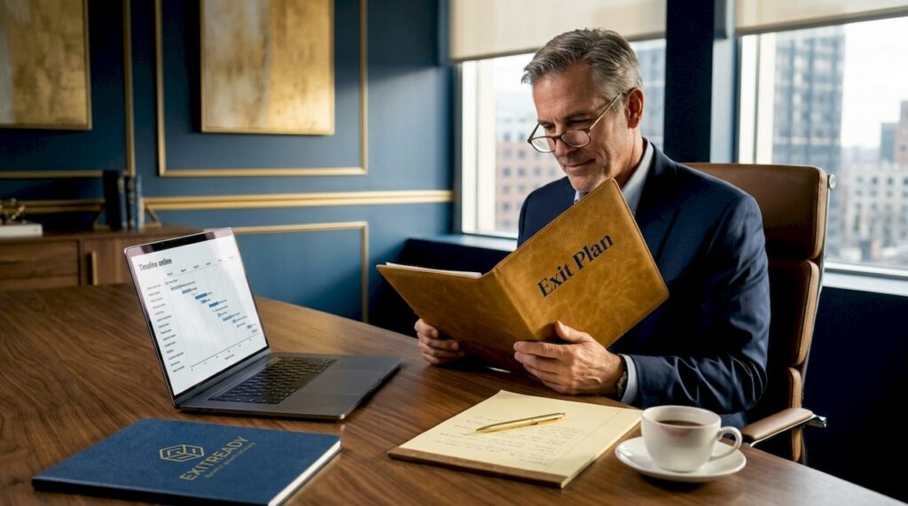 Business owner reviewing exit plan documents