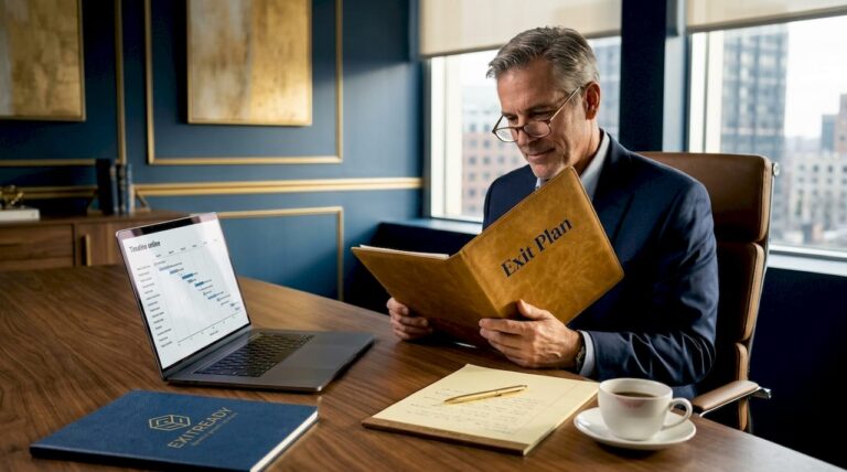 Business owner reviewing exit plan documents