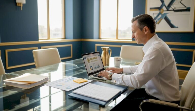 CEO working in corner office with business documents