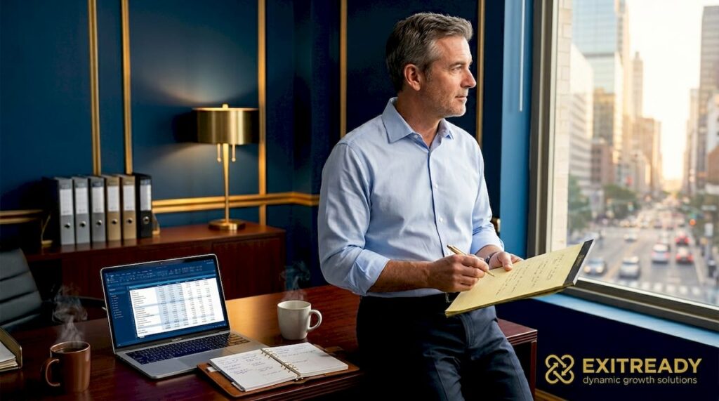 Business owner reviewing notes in corner office