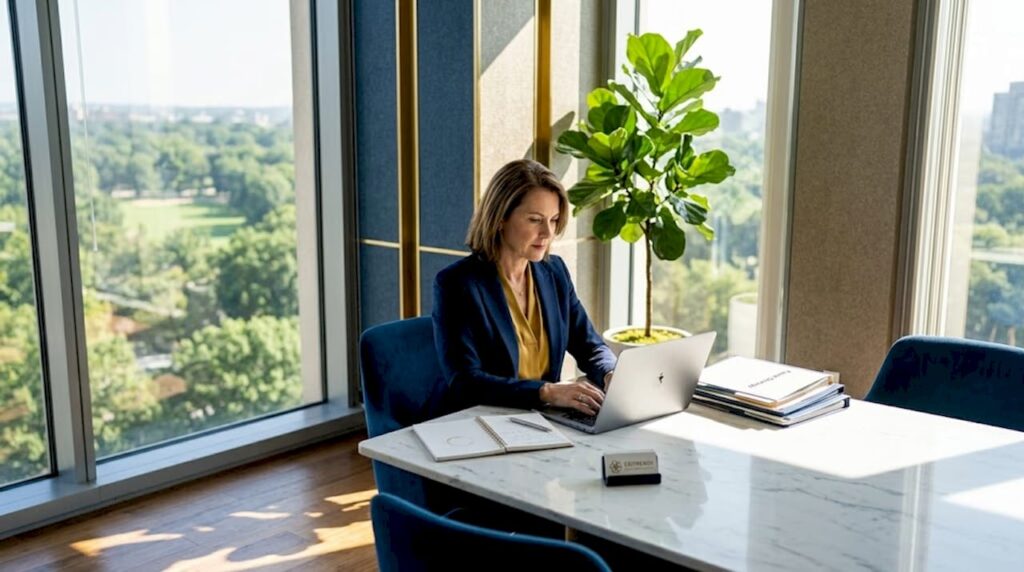 Business owner reviews growth plan spreadsheet
