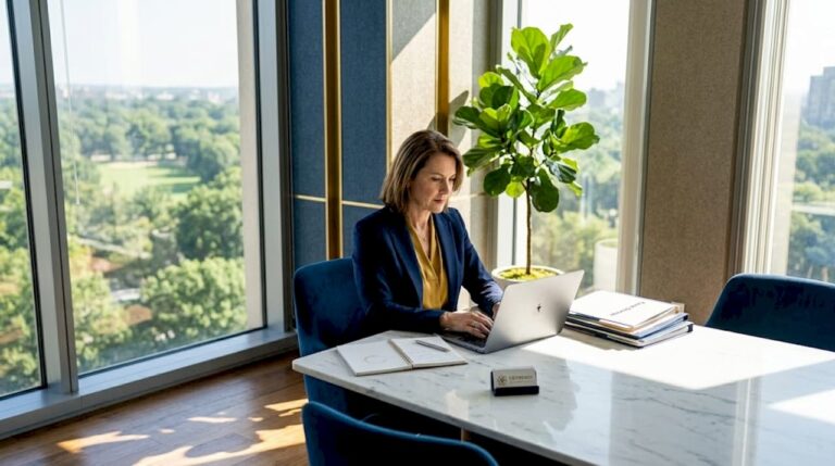 Business owner reviews growth plan spreadsheet