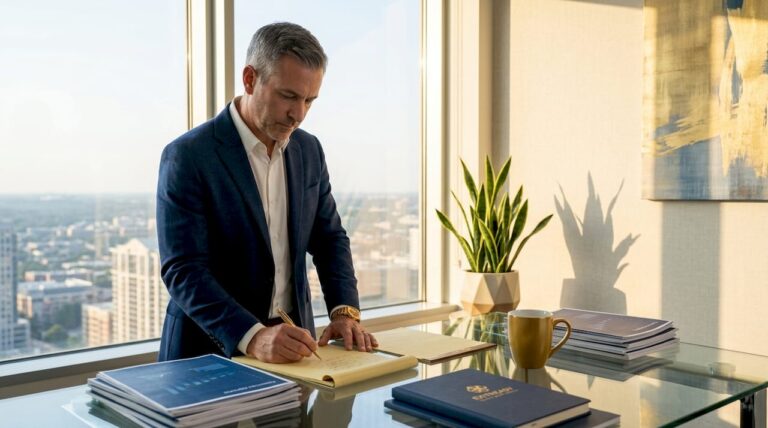 Business leader planning in sunlit office