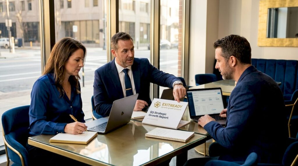 Business team discussing growth in boardroom