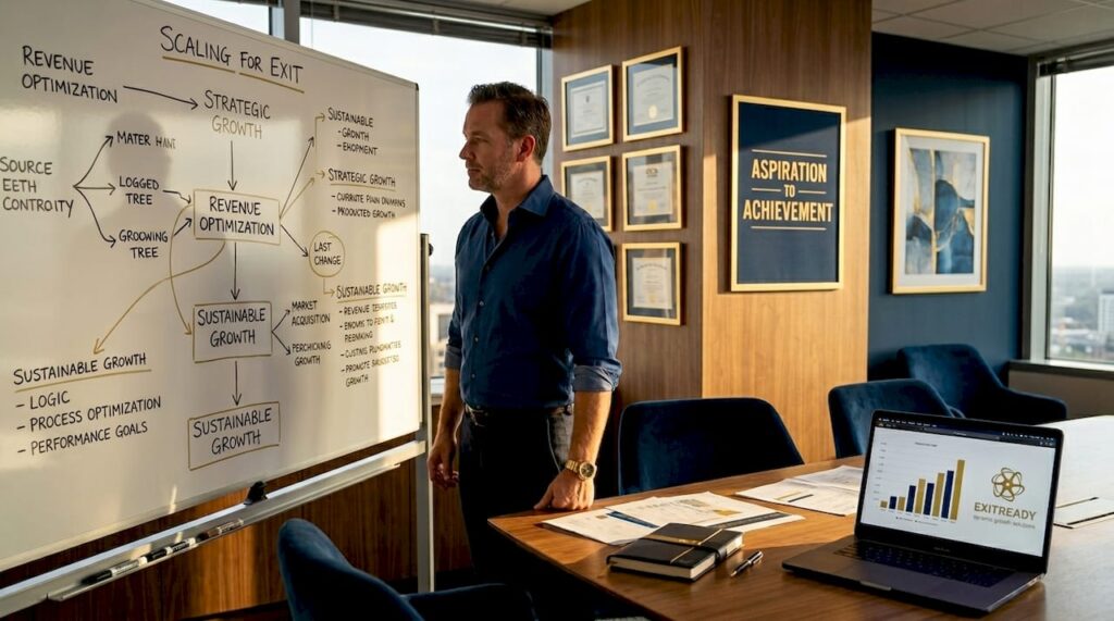 Business owner studies process whiteboard in office