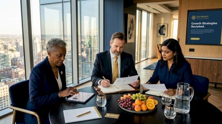 Executives in corner office leadership meeting
