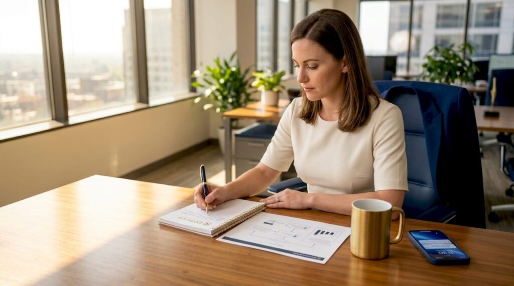 Manager documenting workflow at office desk