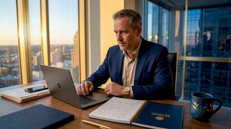 Business owner working at corner office desk