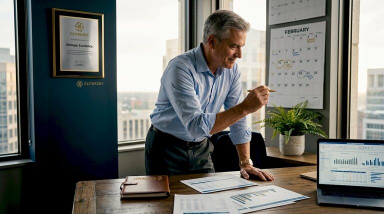 Business owner marking dates in corner office