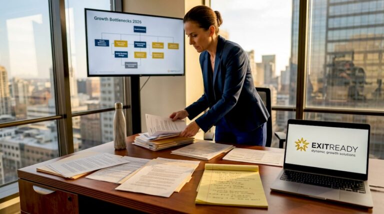 Business owner reviewing growth bottlenecks desk