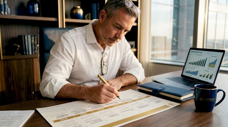 Business owner planning exit timeline at desk