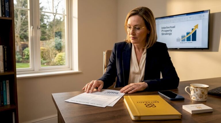 Businesswoman reviewing intellectual property documents at desk