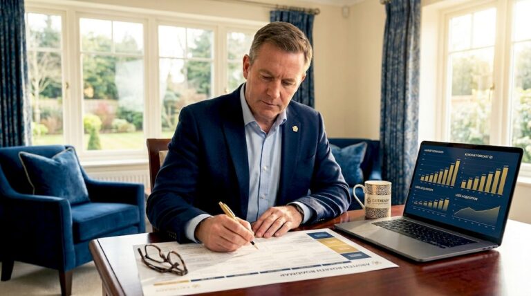 Business owner reviewing growth roadmap in home office