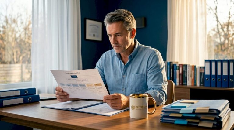 Business owner reviewing organization chart