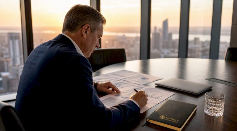 Businessman reviewing business sale documents