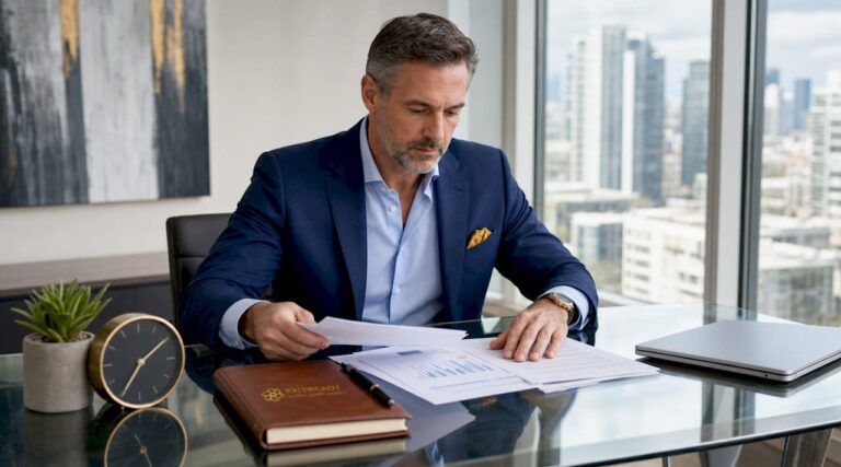 Advisor organizing exit transaction documents in office