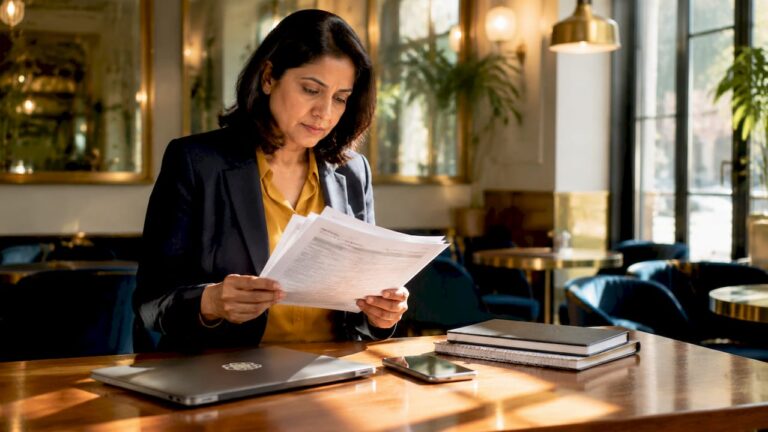 Business owner reviewing delegation documents at desk