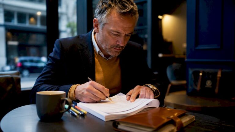 Business owner reviewing printed manual at desk