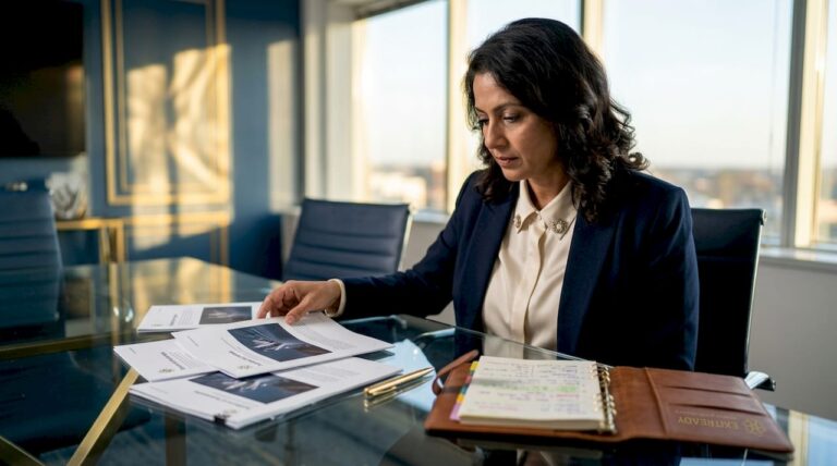 Businesswoman reviewing growth opportunity reports