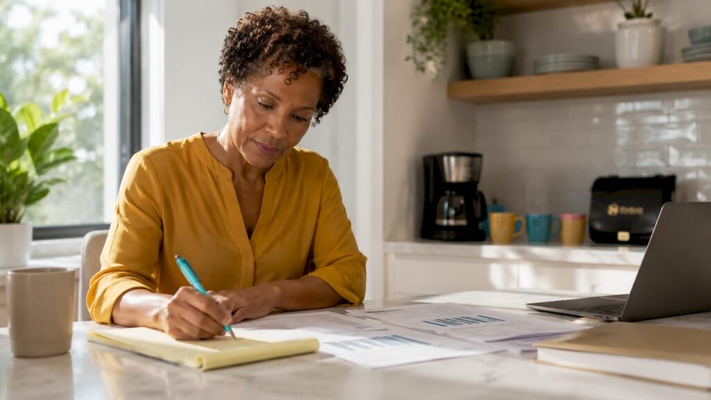 Business owner reviewing financial statements at home