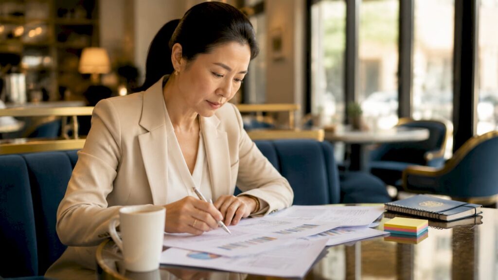 Businesswoman reviewing mid-market growth reports