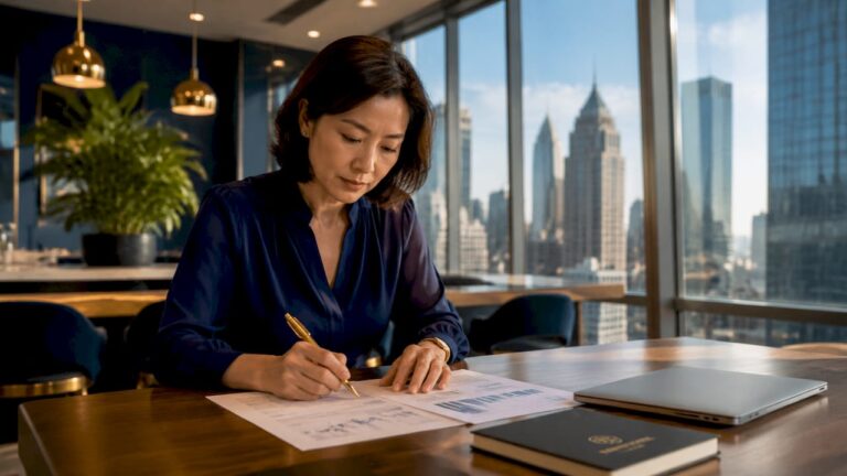 Businesswoman analyzing growth plateau charts