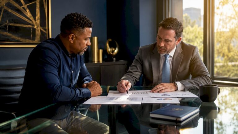 Business owner consulting advisor on exit strategy