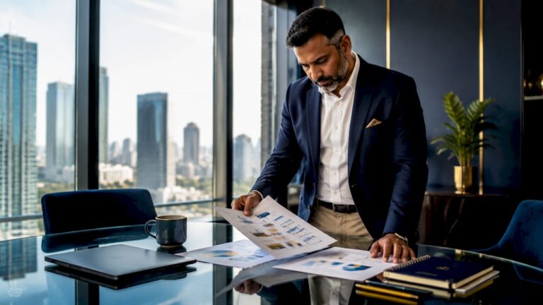 Businessman reviewing exit readiness documents at boardroom table