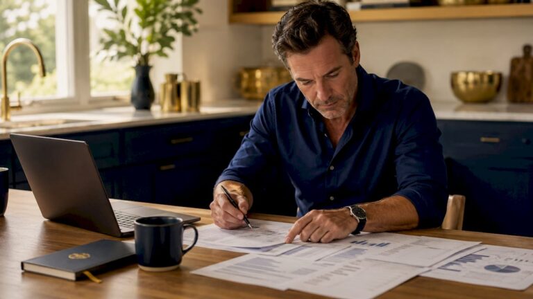 Entrepreneur reviewing exit strategy papers at desk