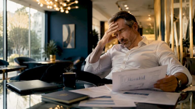 Overwhelmed business owner at cluttered desk