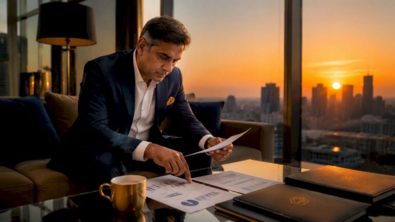 Businessman reviewing acquisition documents