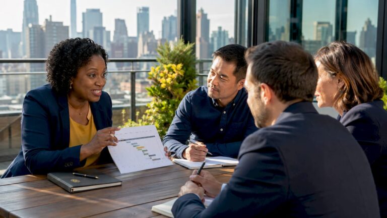 Middle management team collaborating around table