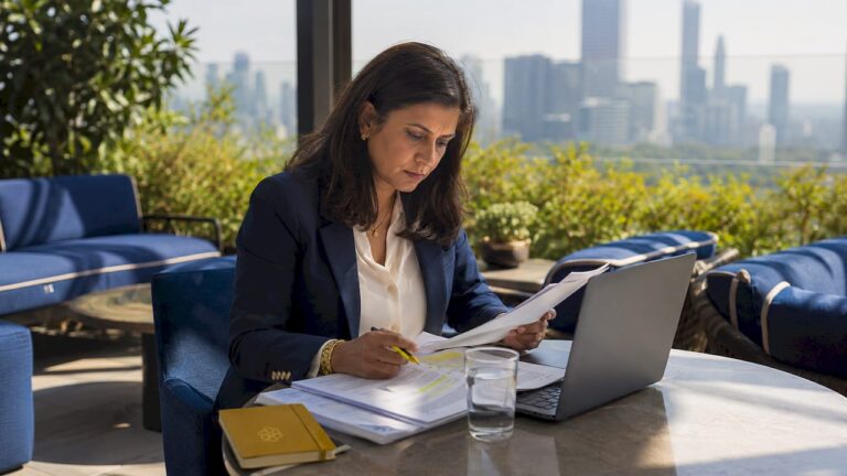 Woman reviewing SOP documents in office