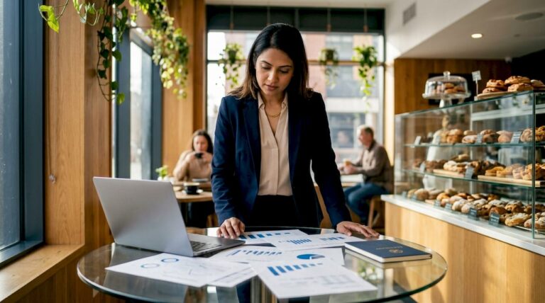 Businesswoman reviewing revenue charts in office