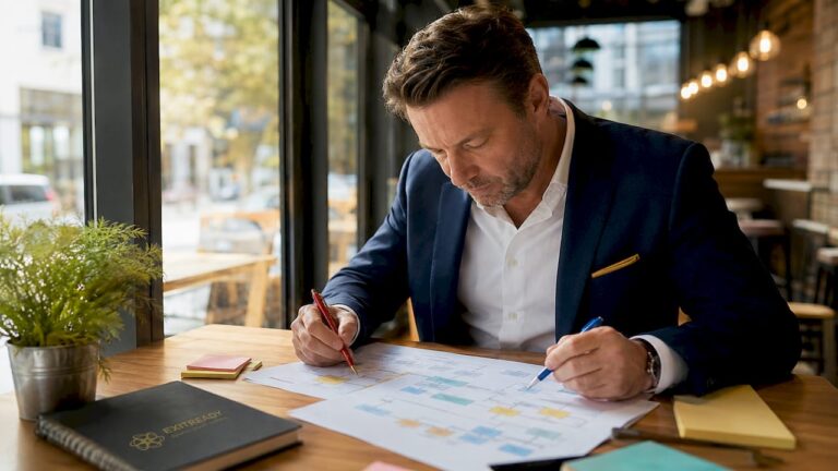 Business analyst reviewing workflow charts at office desk