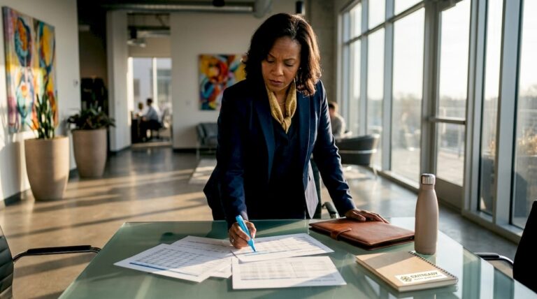 Businesswoman reviewing revenue growth documents