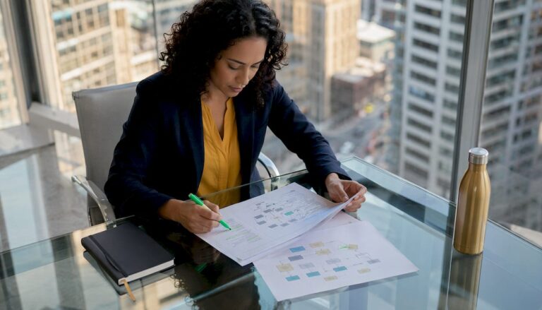 Businesswoman reviewing company operation documents