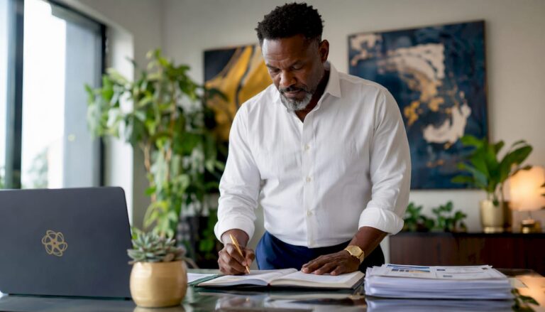 Business owner reviewing financial documents