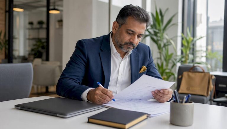 Business owner reviewing workflow documents at desk