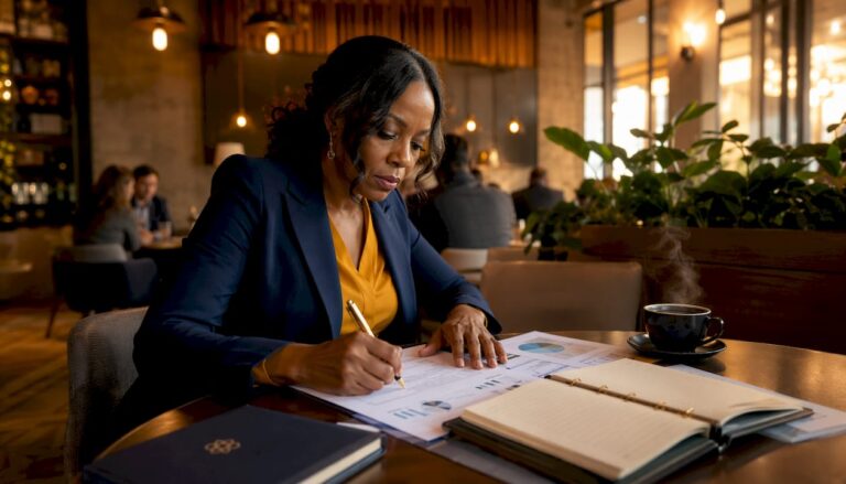 Business owner reviewing task sheets at desk
