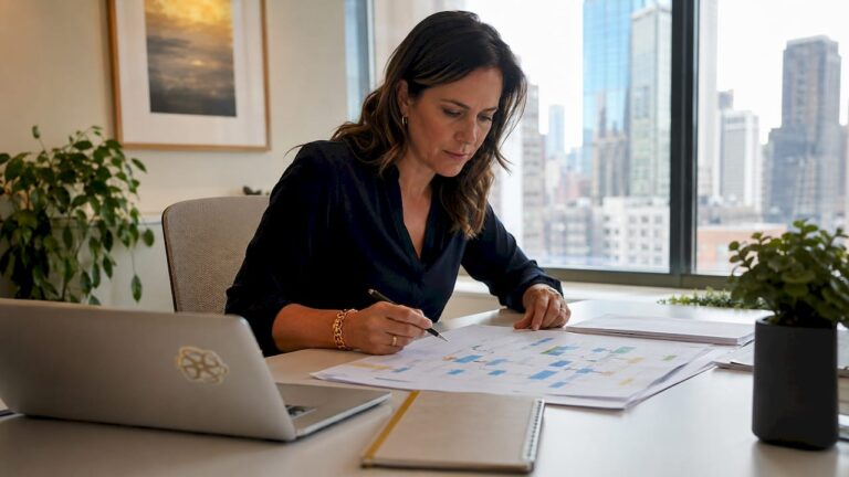 Manager reviewing business process flowcharts in office