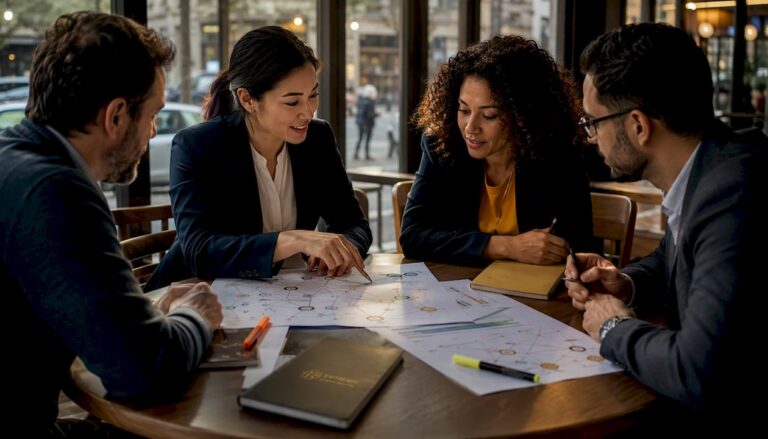 Professionals discussing buyer networks at conference table