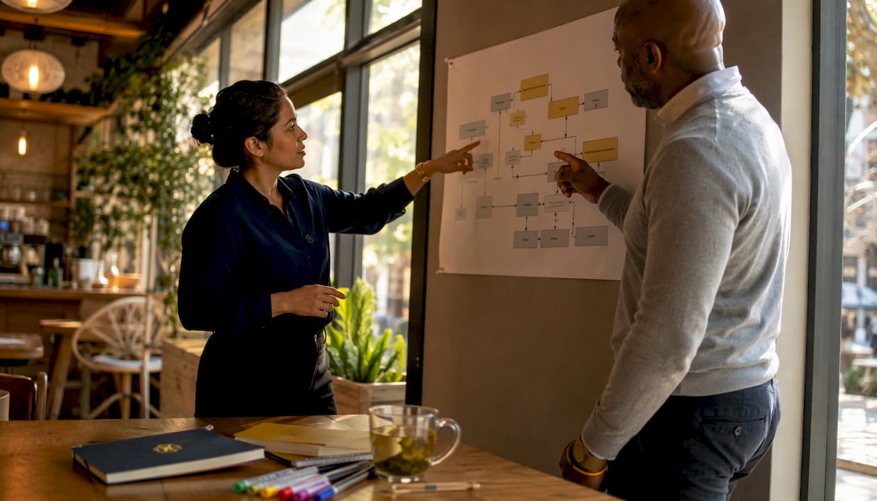 Colleagues discussing scaling workflow chart