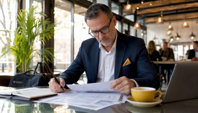 Business owner reviewing system documentation at desk