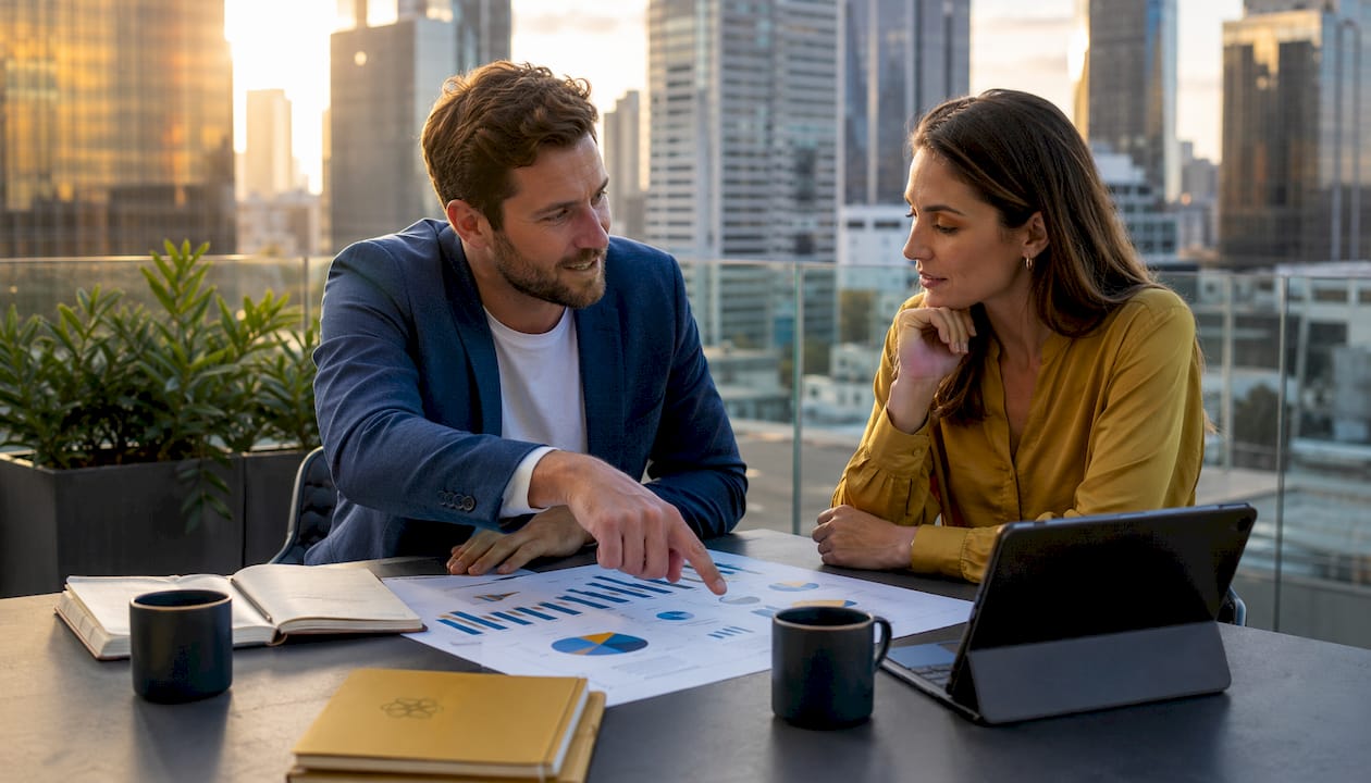 Consultants collaborating over business charts at office