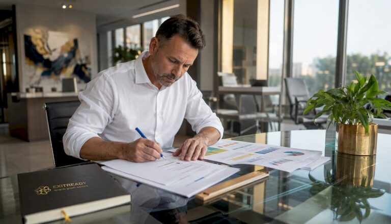 Business owner reviewing company growth frameworks