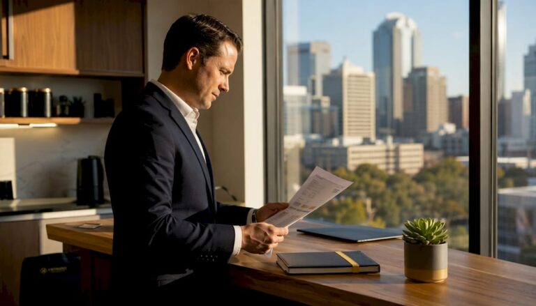 Business process owner reviewing documents in office